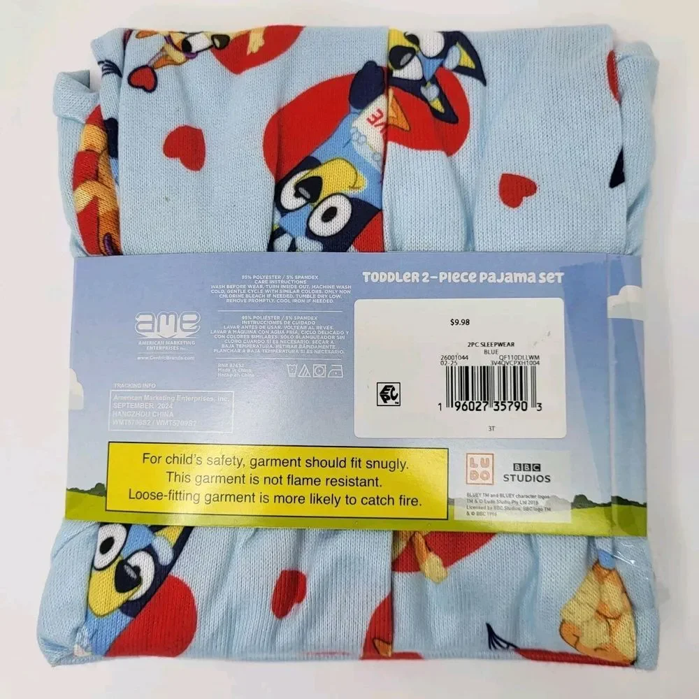 New Bluey 3T Toddler Unisex Valentine Hearts 2-Piece Pajama Set Blue Long Sleeve